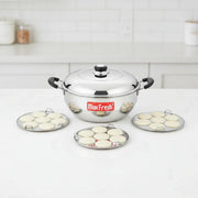 Max Fresh stainless steel idli cooker with three idli plates containing raw batter discs on white kitchen countertop
